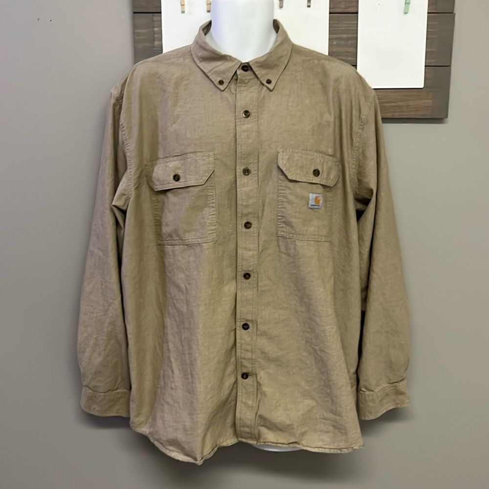 Carhartt Men’s Loose Fit Tan Full Button Down Long Sleeve Collared Shirt- XL
